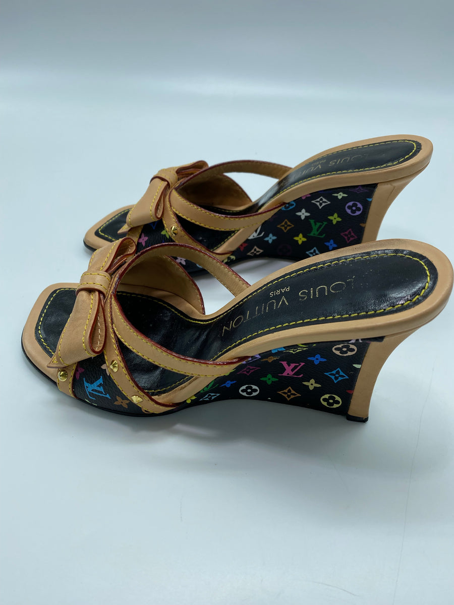 Louis Vuitton, Shoes, Louis Vuitton Black Lv Monogram Multicolor Sandals  Wedges