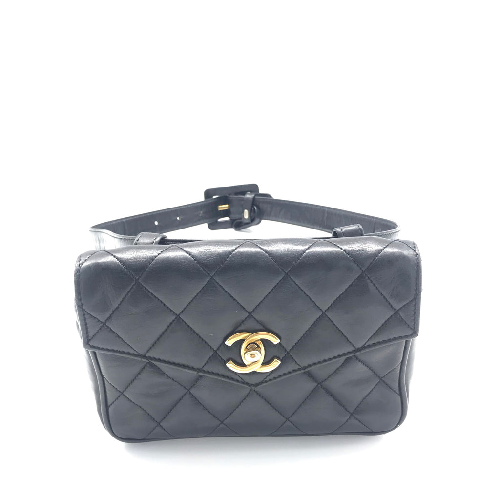 Rare Chanel Vintage Black Lambskin Quilted Fanny Pack Waist Belt Bum Bag  For Sale at 1stDibs