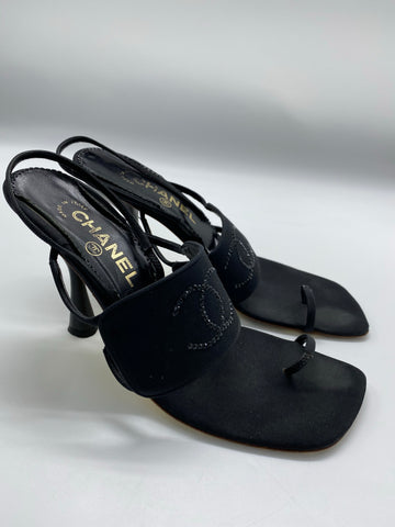 Chanel  Black Square Toe Satin Sandals