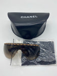 CHANEL Sunglasses Shield Visor Rimless Chain Leather Brown Gold - Rad Treasures