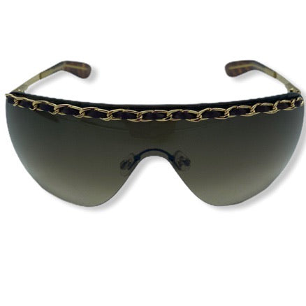 CHANEL Sunglasses Shield Visor Rimless Chain Leather Brown Gold – Rad  Treasures